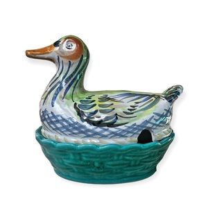 Stunning Italian Hand-Painted Ceramic Duck Soup/Sauce Tureen